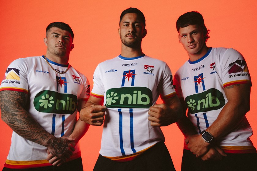 Bradman Best, Dylan Brown and Kalyn Ponga model the 2026 Vegas warm up tee.