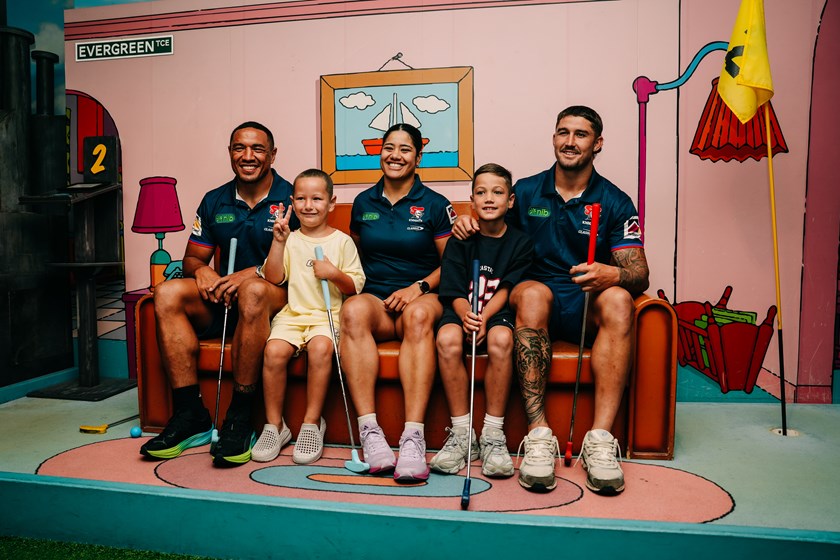 Tyson Frizell takes his team mates and children for a spot of putt-putt at Charlestown Square's Holey Moley course.