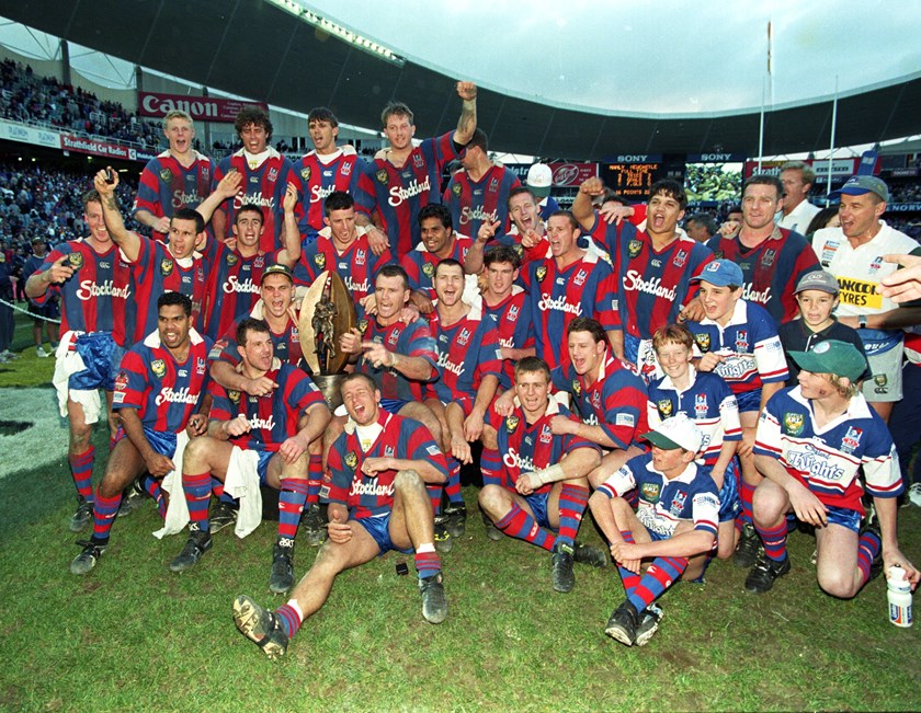Premiers: The Knights celebrate their maiden premiership win following a 22-16 victory over Manly in the '97 Grand Final at Sydney Football Stadium.