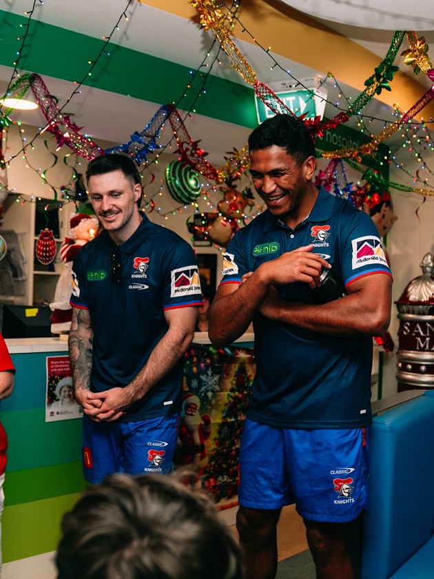 James Schiller and Jacob Saifiti spread some Christmas cheer to the patients at the John Hunter Children's Hospital.