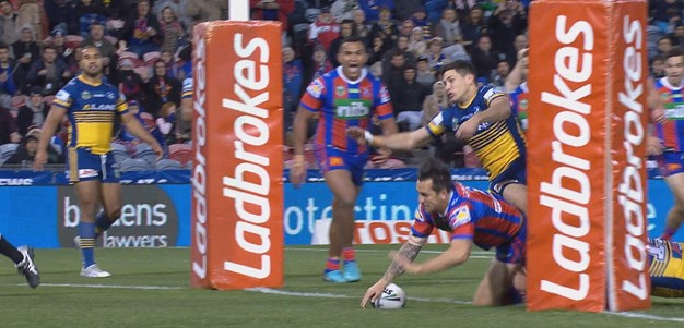 Pearce slices through for a try in his return