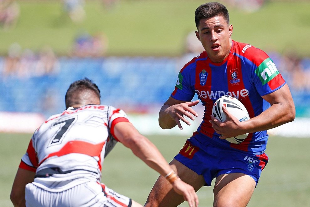 Joe Tapine on the ball against the New Zealand Warriors in Round 1.