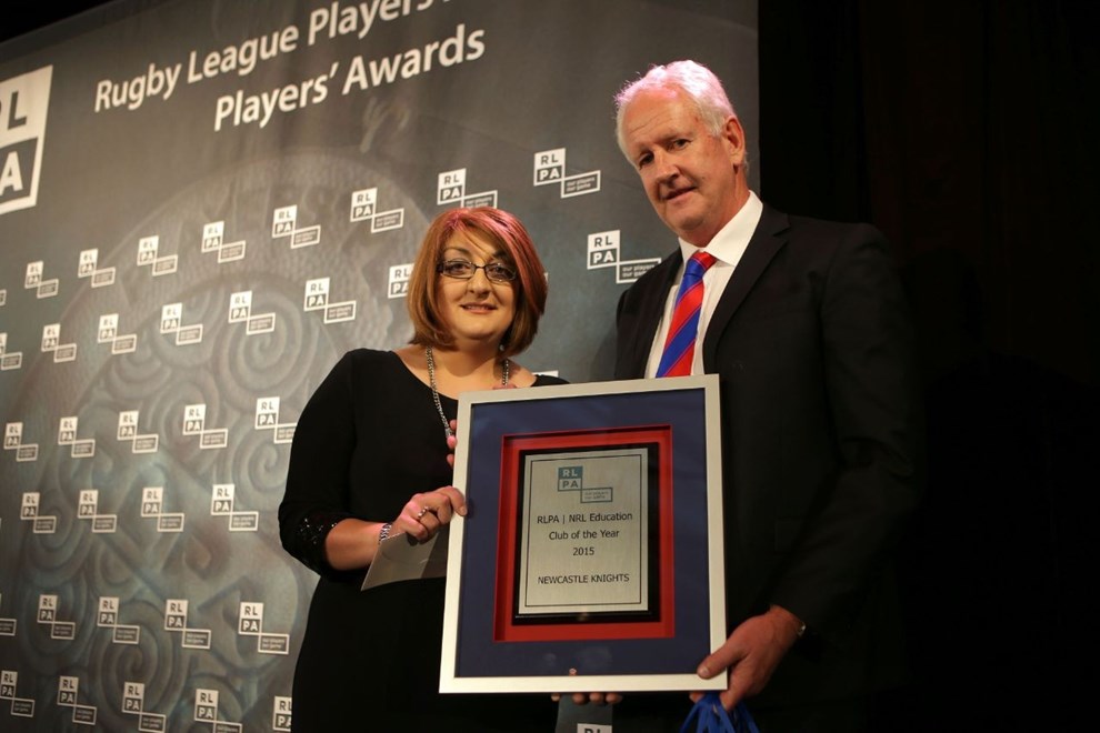 Newcastle Knights Education and Welfare Manager Phil Matthews accepted the RLPA NRL Education Club of the Year Award from RLPA Director Tilda Khashaba. 