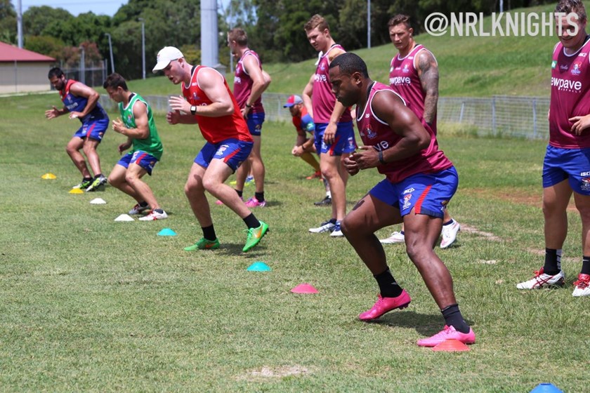 Akuila Uate and Lachlan Fitzgibbon work on their lateral speed.