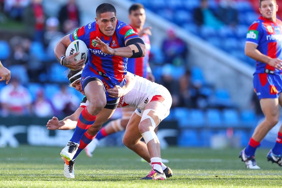 Competition - NRL Premiership Round. Round - Round 16. Teams - Newcastle Knights v St George Dragons. Date - 25th of June 2016. Venue - Hunter Stadium, Broadmeadow NSW. Photographer - Paul Barkley. Description - #Alex McKinnon Cup.